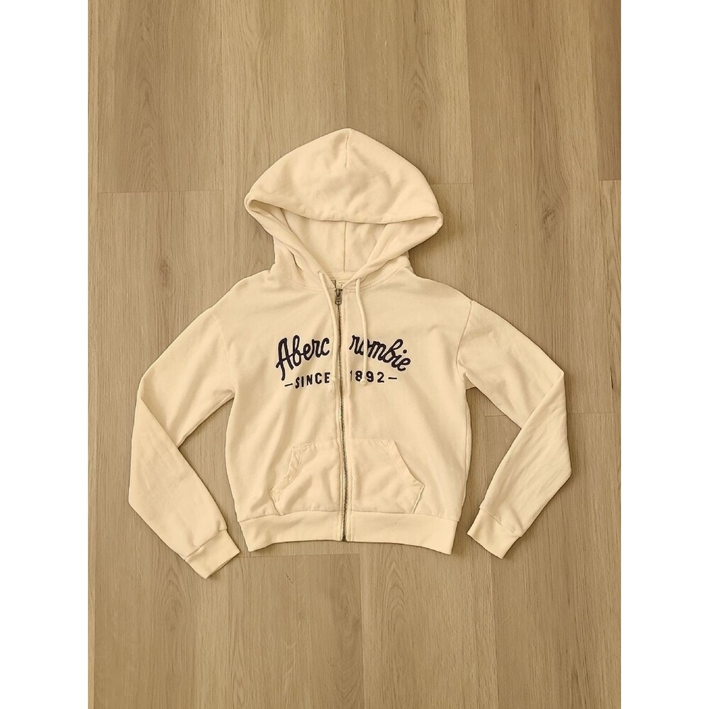 Abercrombie White Logo Full Zip-Up Hoodie Y2K Causal Comfy Soft Small Lounge